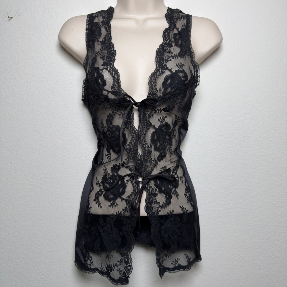 VTG 60s Jenelle of California Women Black Lace Cami Top Sheer Tie Front Floral